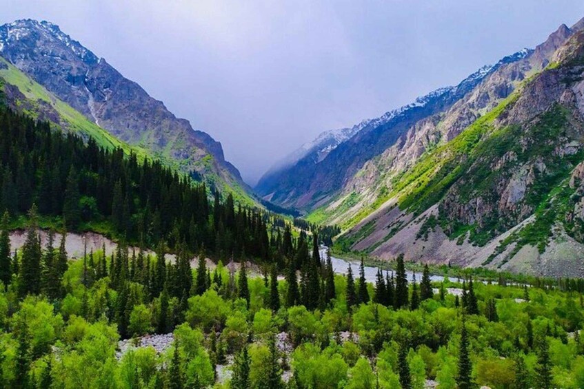 A mountain valley with a river, dense forests, and rugged terrain. 4