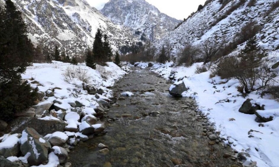 A snow-covered mountain path with rocky terrain and sparse vegetation. 5