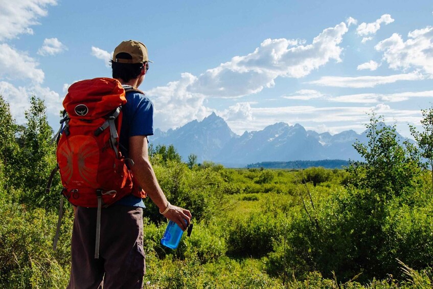 A person hiking with a red backpack and a blue water bottle, overlooking a mountainous landscape. 4