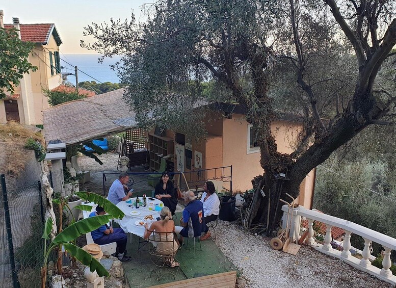 A group of people dining outdoors at a table surrounded by olive trees and a white fence. 2