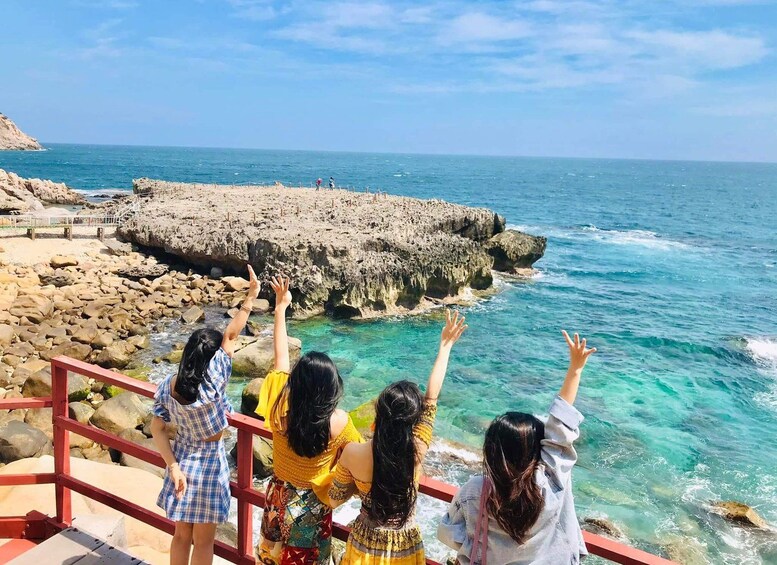 A group of people standing on a red railing overlooking a rocky coastline with clear blue water. 1