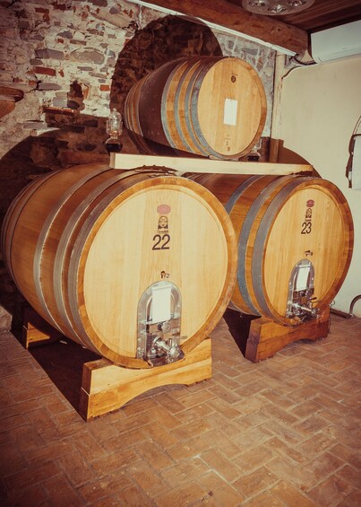 Wooden wine barrels with numbers 22 and 23, stacked on wooden stands. 3