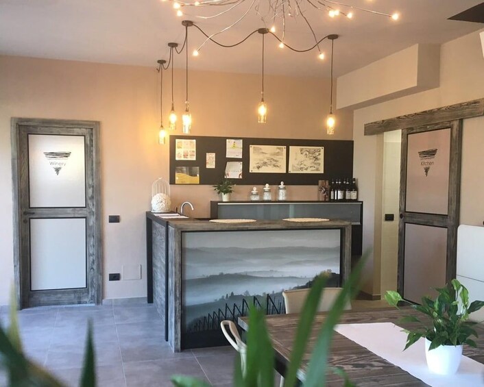 A modern kitchen with a central island, pendant lighting, framed artwork on the walls, and a potted plant. 1