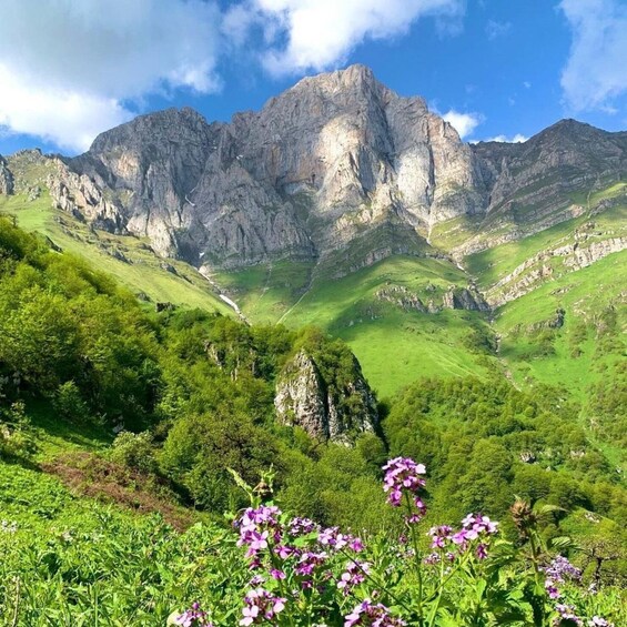 A mountainous landscape with green valleys and rocky peaks. 2