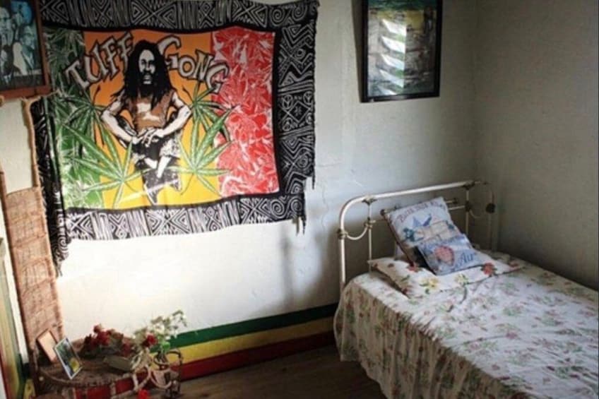 A bedroom with a bed, a wall tapestry, and a small table with a plant. 5