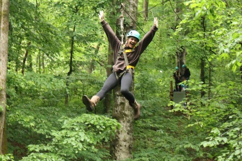 A person zip-lining through a forest. 2