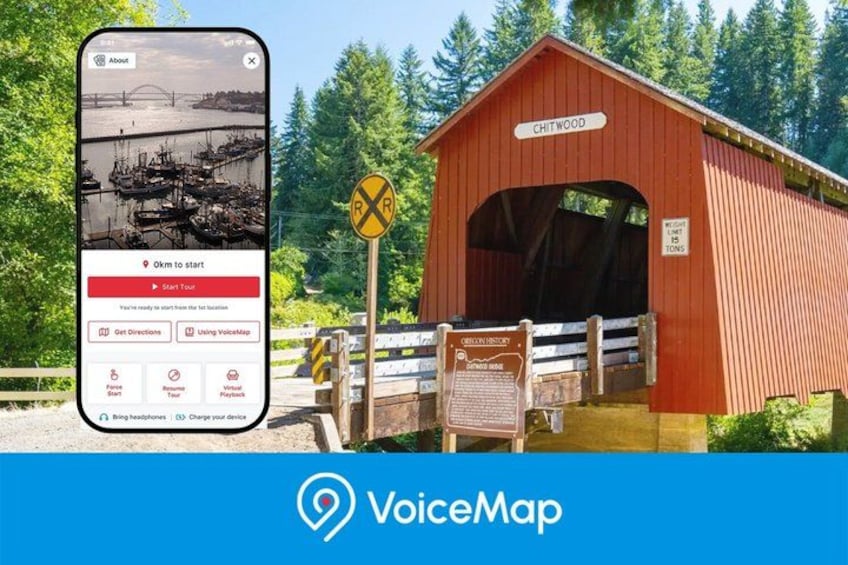 A red covered bridge labeled 'CHITWOOD' with a sign indicating 'OK to start' and a 'Bring headphones' instruction. 1