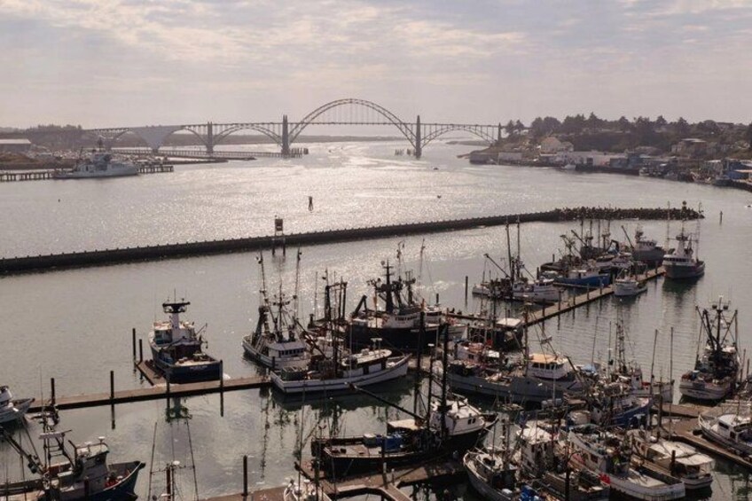 A harbor with boats docked, a bridge in the background, and a calm water surface. 5