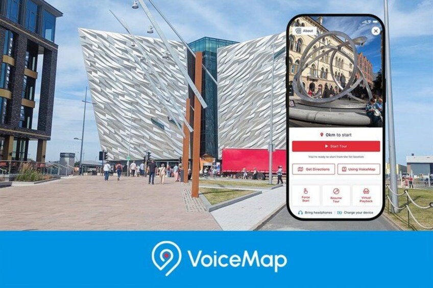 A modern building with a unique facade, a smartphone displaying a map application, and the VoiceMap logo. 1