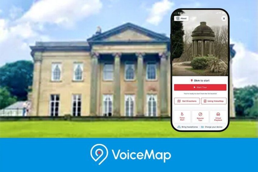 A large classical building with a garden in front, and a smartphone displaying a VoiceMap app interface. 1