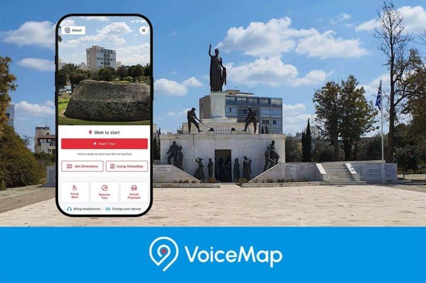 A smartphone displaying a tour app interface with a statue and steps in the background. 1