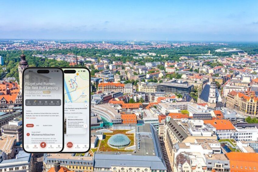 A smartphone displaying a map with a cityscape in the background. 1