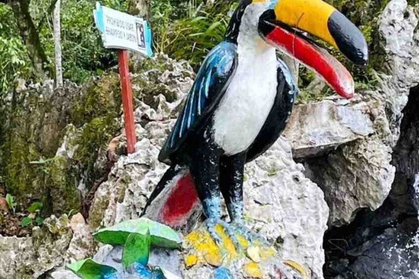 A colorful toucan sculpture with a sign in the background. 5