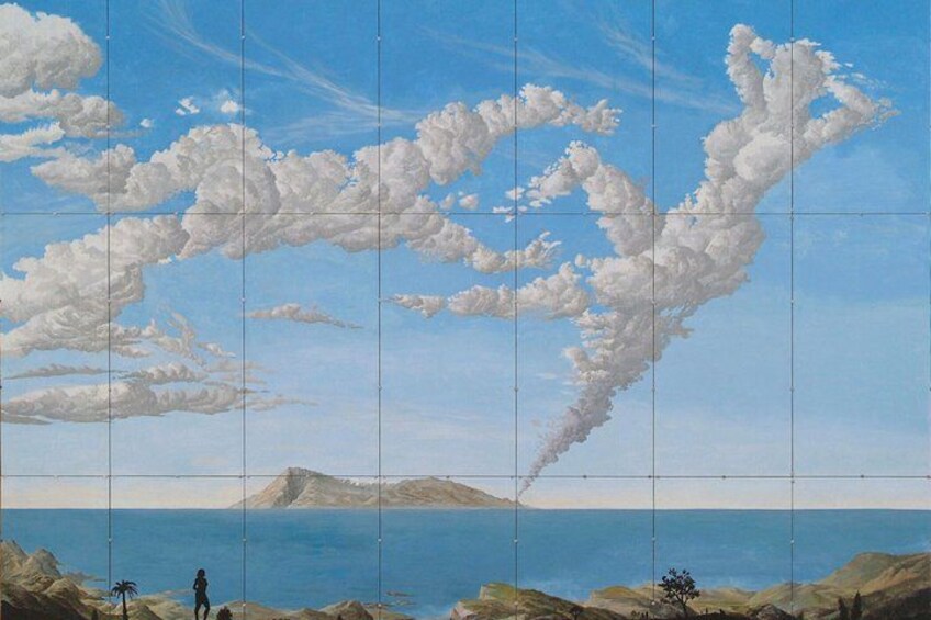 A landscape with a person standing on a hill overlooking a body of water and distant landforms. 3