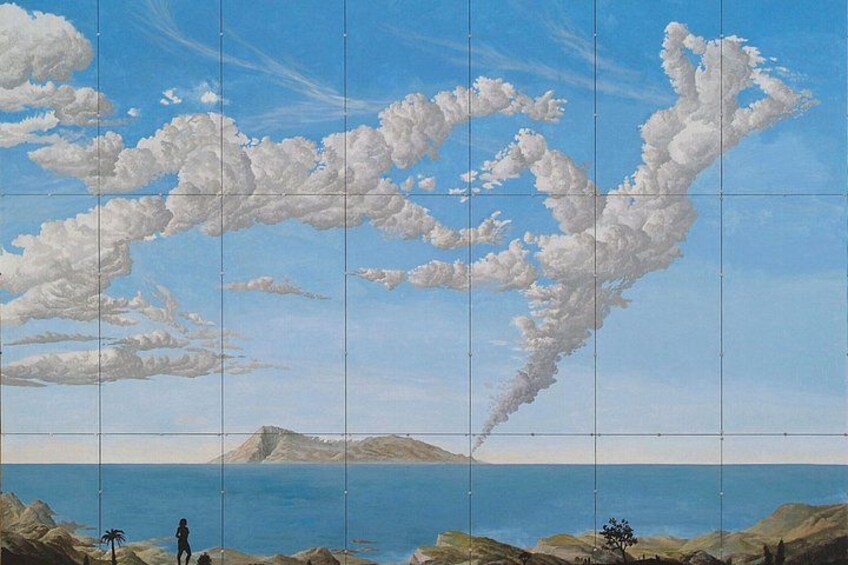 A landscape with a body of water, mountains, and clouds. 3