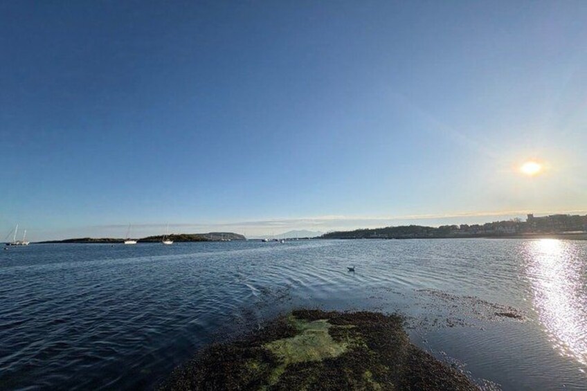 A calm sea with boats, a clear sky, and the sun setting on the horizon. 4