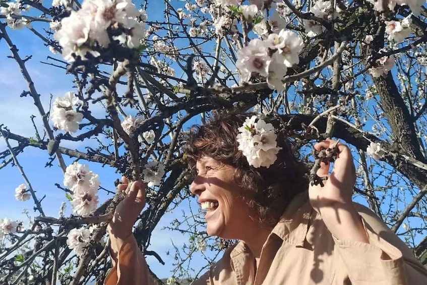 A person holding a flower amidst blossoming trees. 3
