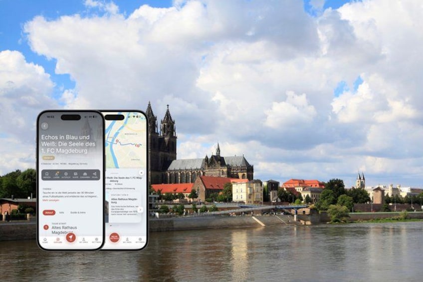 Two smartphones displaying a travel app with a map, a historic building, and a river. 1