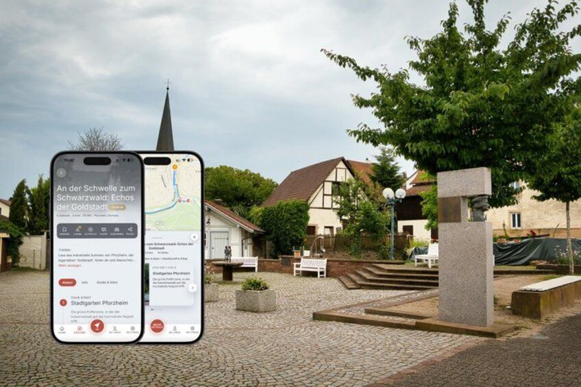 A smartphone displaying a map with a location marked 'Stadgarten Plorfrieden.' 1