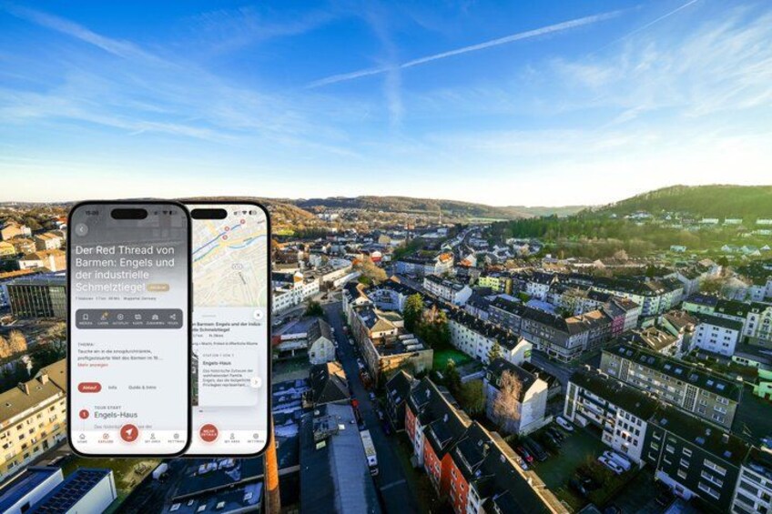 A smartphone displaying a map application with a cityscape in the background. 1