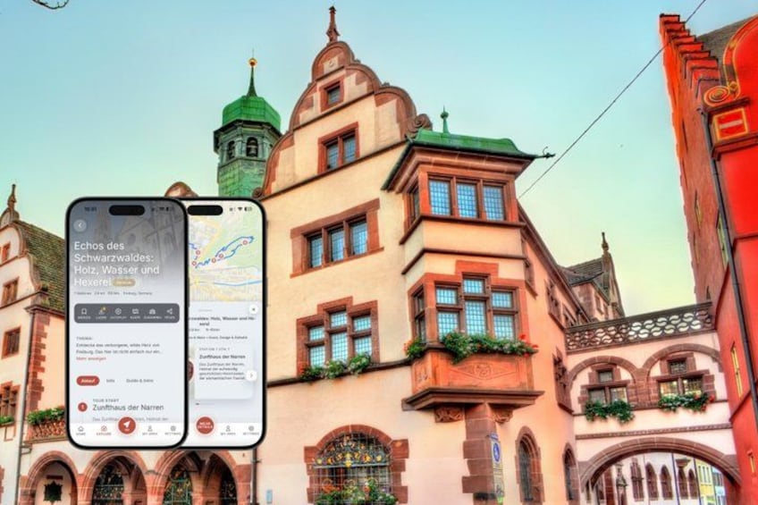 A smartphone displaying a map with a building in the background. 1