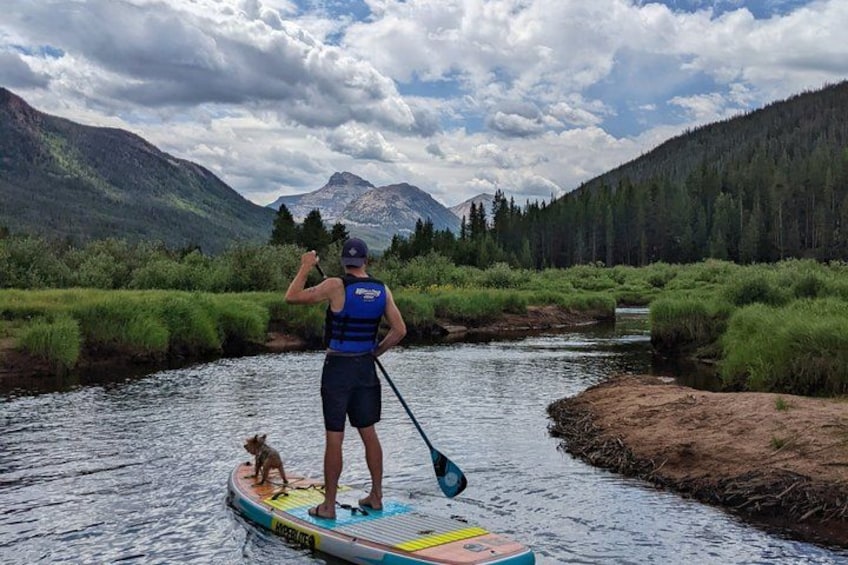 A person paddleboarding on a river with a dog, surrounded by lush greenery and mountains. 5