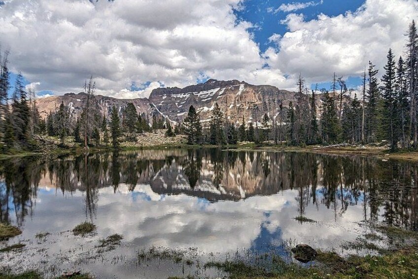 A mountain range, a lake, and a forest. 5