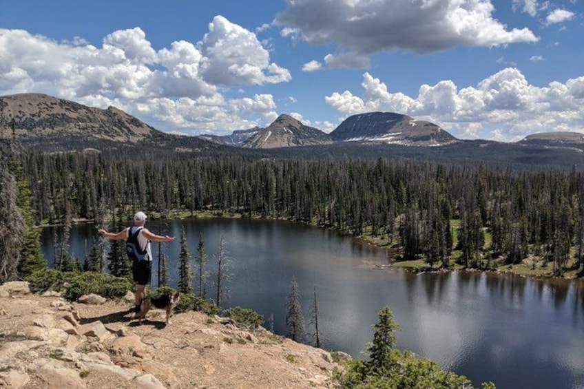 A hiker on a trail overlooking a lake surrounded by dense forest and mountains. 3