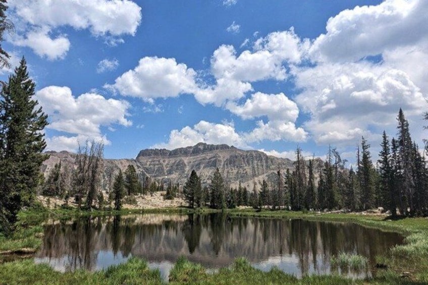A mountain landscape with a lake, trees, and a clear sky. 2