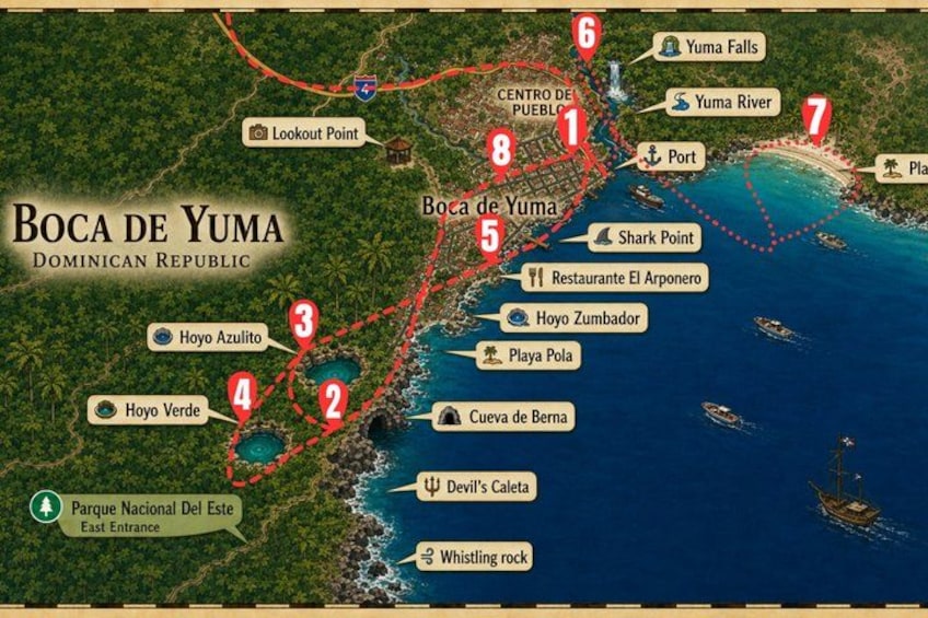 A map of Boca de Yuma, Dominican Republic, highlighting points of interest like Yuma Falls, Yuma River, and Whale Rock. 1
