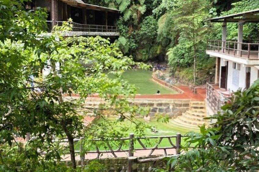 A terraced garden with stone steps, lush greenery, and a wooden structure. 1