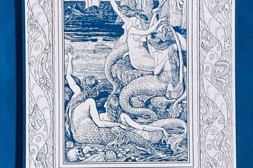 A detailed illustration of a mermaid with a human and a snake, surrounded by water and sea creatures. 5