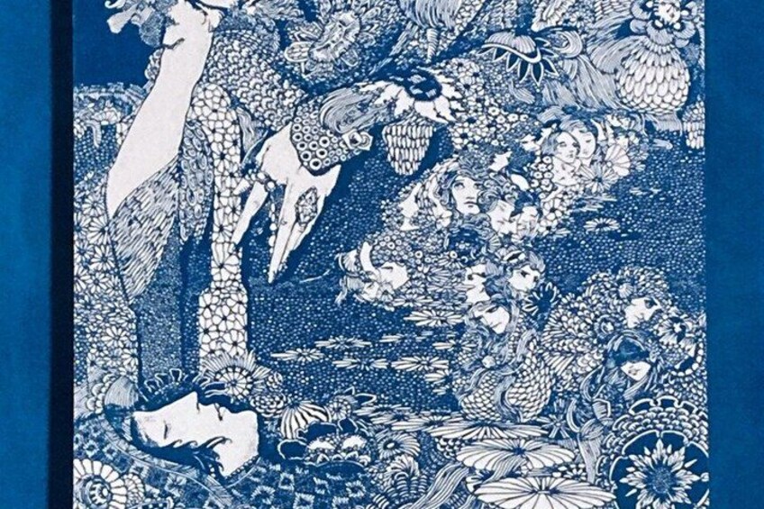 A detailed blue and white illustration of a garden scene with various flowers, birds, and a central figure of a woman. 4