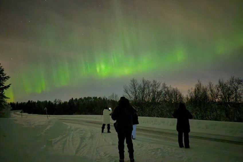 People standing on a snowy path, looking at the northern lights. 3
