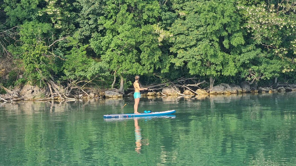 A person paddleboarding on a calm river surrounded by dense green foliage. 2