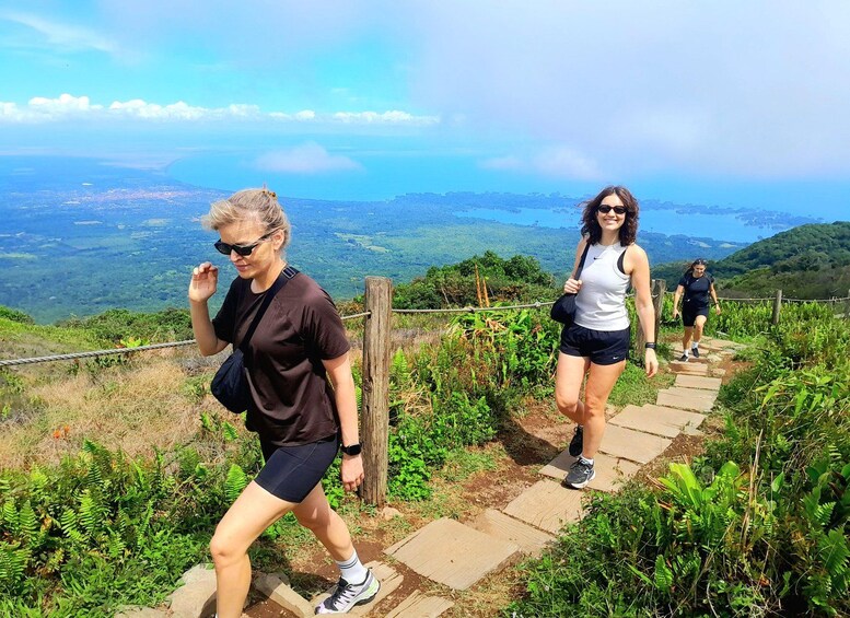 A hiking trail with lush greenery and a scenic view of a valley and coastline. 1