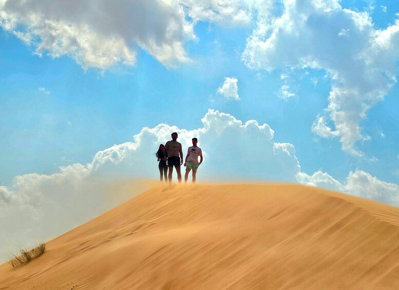 A group of people walking on a sand dune under a clear sky. 4
