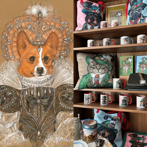 Une collection de tasses, de coussins et d’un objet décoratif en métal, tous sur le thème des chiens. 1