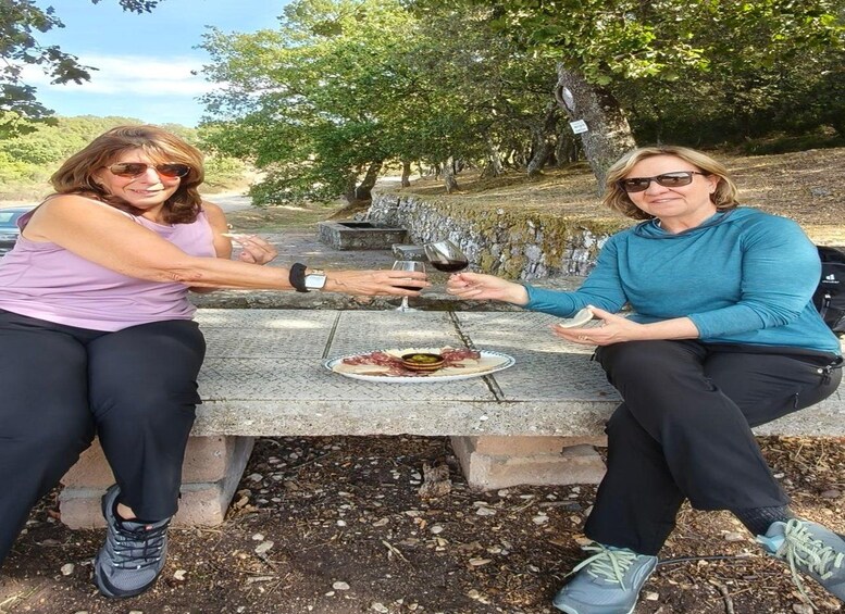 Two people sitting at a stone table outdoors, holding wine glasses. 4
