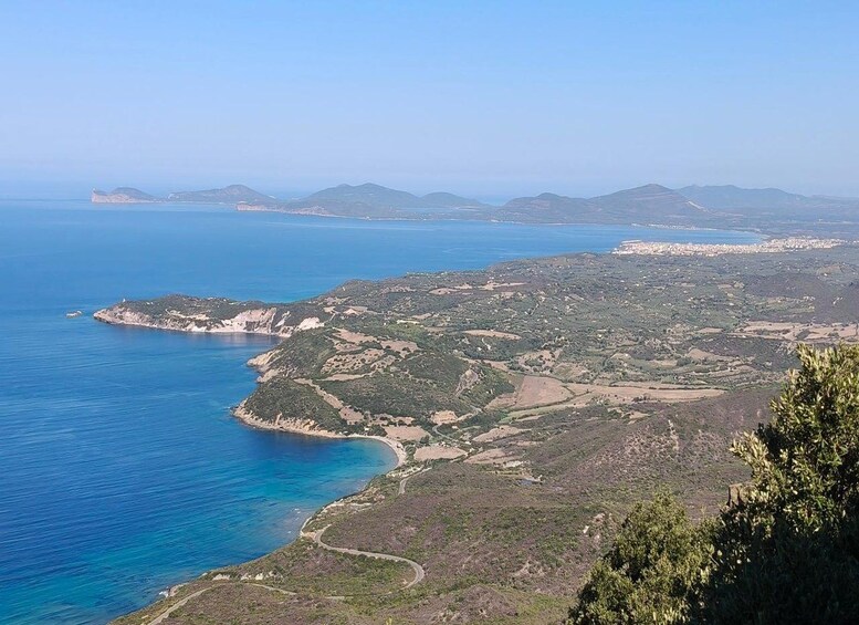 A coastal landscape with a winding road along the shoreline, a distant city, and rolling hills. 2