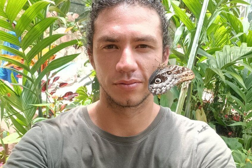 A person with a snake on their shoulder in a garden with green foliage. 3