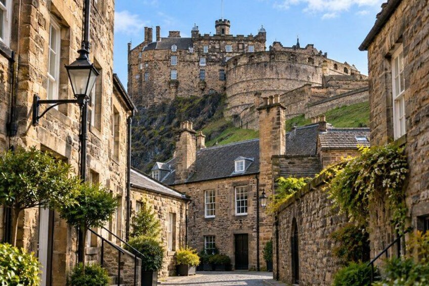 A stone building with a street lamp, a castle in the background, and a hill. 5