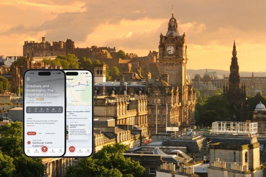 A smartphone displaying a map with Edinburgh Castle highlighted, with a view of Edinburgh's skyline including the iconic Edinburgh Castle and the Palace of Westminster in the background. 1
