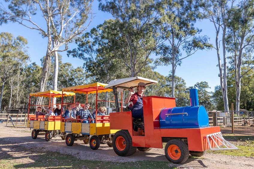 A colorful train ride with passengers, set in a park with trees. 3