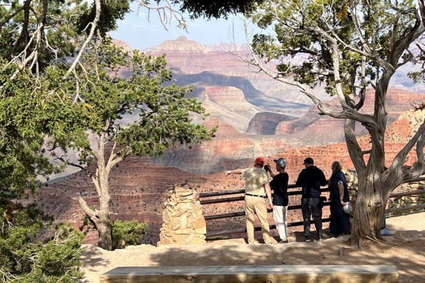 A group of people standing on a viewing platform overlooking a canyon with layered rock formations. 4