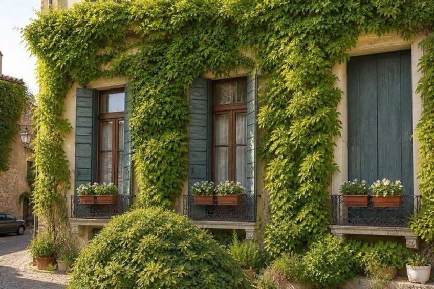 A building with green shutters and ivy-covered walls. 3