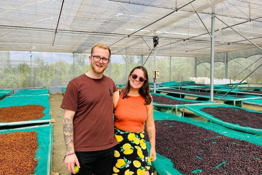 Two people standing in a greenhouse with rows of bean plants. 1