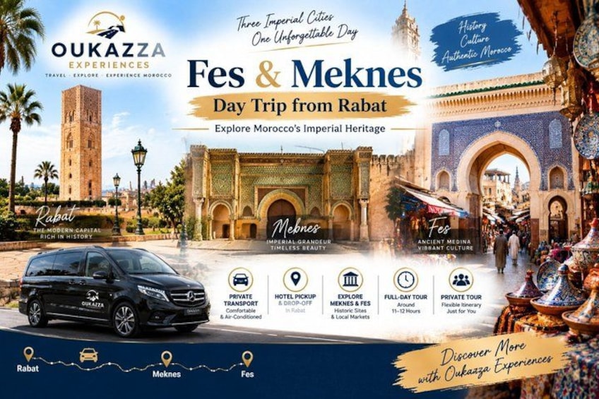 A travel brochure for a day trip from Rabat to Fes and Meknes, highlighting historical sites and cultural experiences. 1