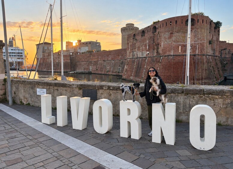 A historic fort with a woman and two dogs in front of it. 2