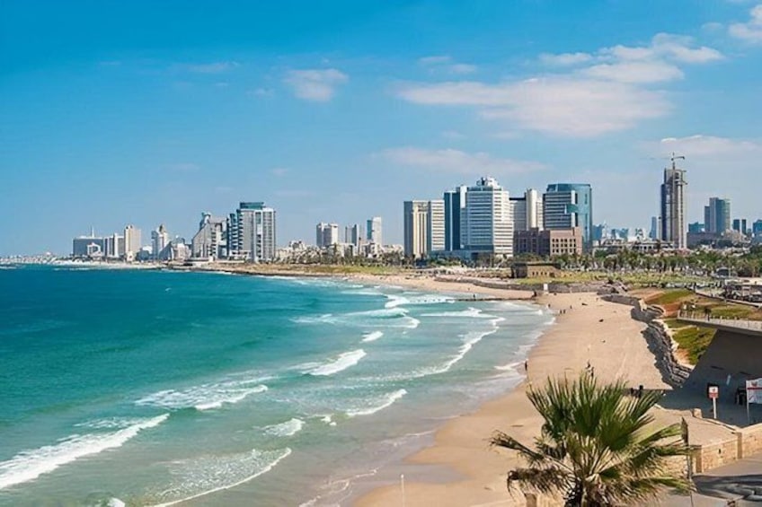 A coastal cityscape with a beach, palm trees, and modern buildings. 1